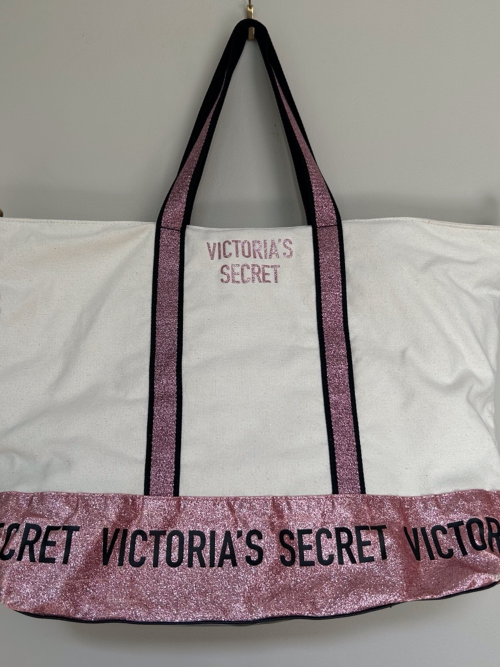Victoria's Secret White Tote with Pink Glitter Trim